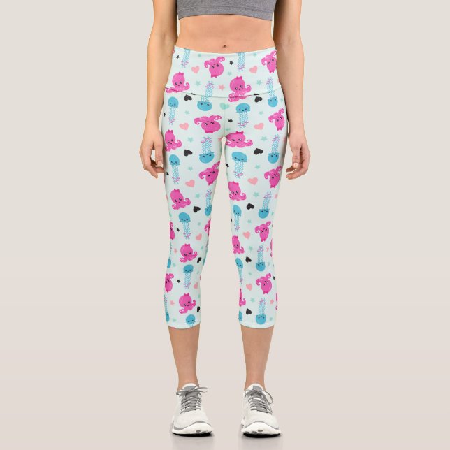 Leggings Capri Animaux de mer, Vie de mer, poulpe, méduses, Coeur (Recto)