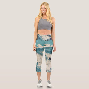 Leggings Capri Antique Japonais Bleu Vagues Océan Imprimer