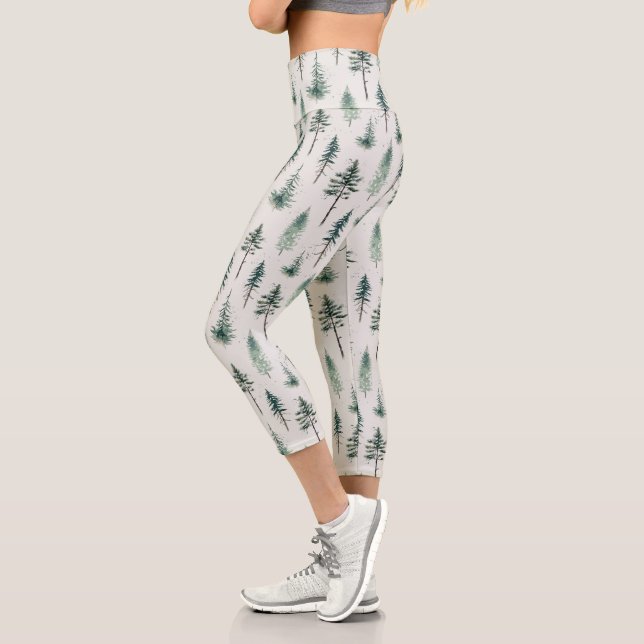 Leggings Capri Aquarelle Arbres de Noël Motif de vacances (Gauche)