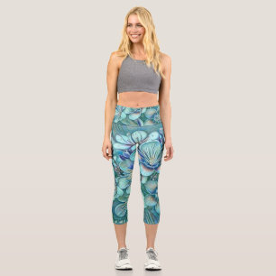 Leggings Capri Aquarelle blanche moderne bleu vert cerisier