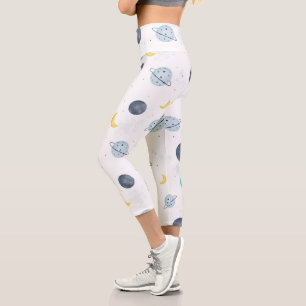 Leggings Capri Aquarelle Blue Space Planet Motif