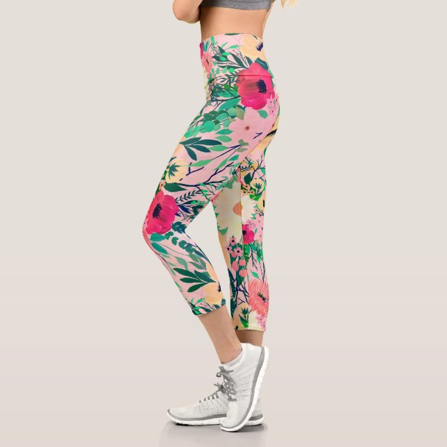 Leggings Capri Aquarelle couleur mignonne Design rose floral (Gauche)