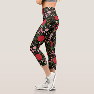 Leggings Capri Aquarelle Floral rose Roses rouges Motif noir