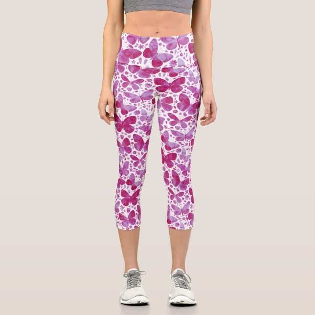 Leggings Capri Aquarelle papillon Motif rose (Recto)