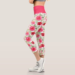 Leggings Capri Aquarelle Rose Et Rouge Rose Florale