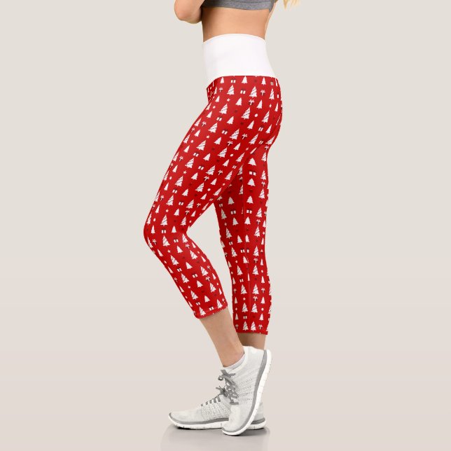 Leggings Capri Arbres de Noël blancs avec cadeaux Motif haut (Gauche)