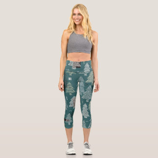Leggings Capri Arbres d'hiver, motif vintage de Noël.
