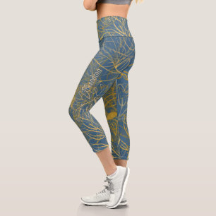 Leggings Capri Arrière - plan bleu feuille or classique