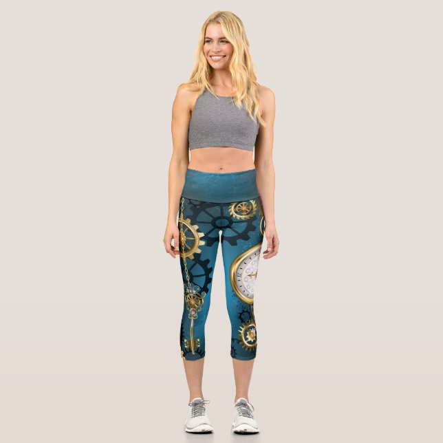 Leggings Capri Arrière - plan turquoise à vapeur avec engrenages (Recto)