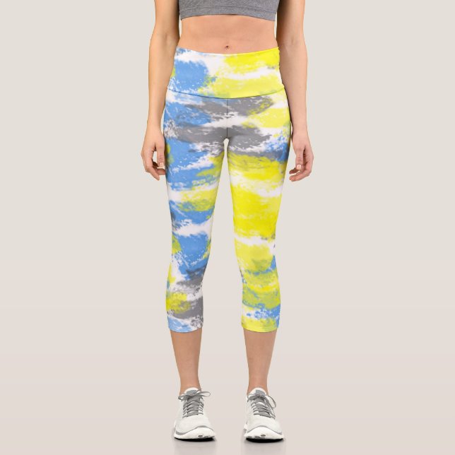 Leggings Capri Art Abstrait Bleu Blanc Jaune Gris Minimalisme (Recto)