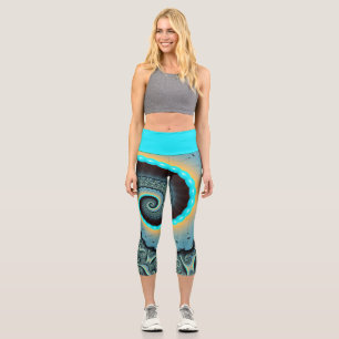 Leggings Capri Art fractal spirale abstrait bleu turquoise orange