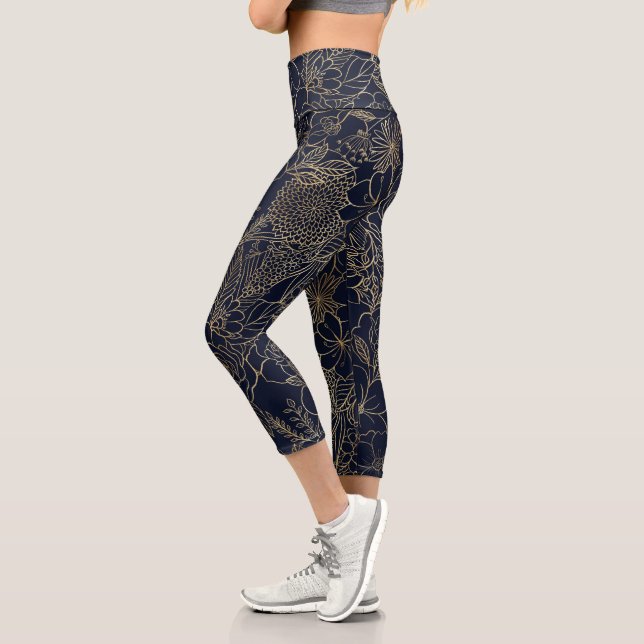 Leggings Capri Art moderne Gold Blue Floral Doodles (Gauche)