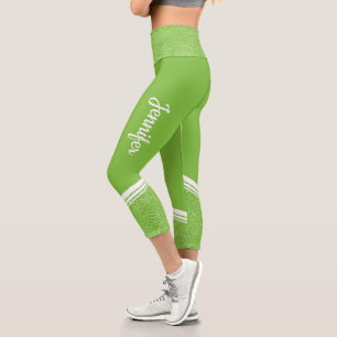 Leggings Capri Bandes blanches florales vertes et nom girly moder