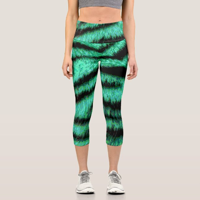 Leggings Capri Bandes de tigres de néon vert (Recto)