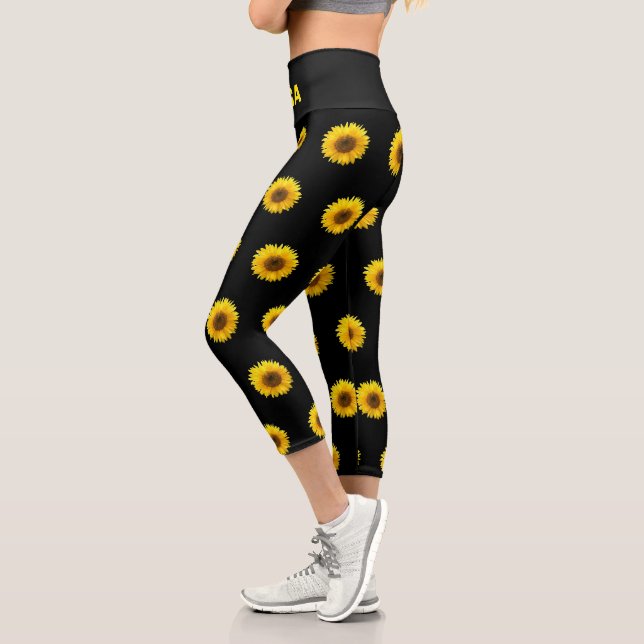 Leggings Capri Beau Motif de tournesol & Yoga Texte sur Noir (Gauche)