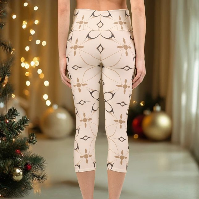 Leggings Capri Beige & Brown Geometric Floral Elegant Minimal  (Créateur téléchargé)