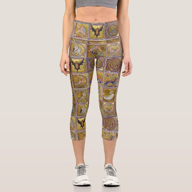 LEGGINGS CAPRI BESTIAIRE MÉDIÉVAL, ANIMAUX FANTASTIQUES, ROUGE D' (Recto)