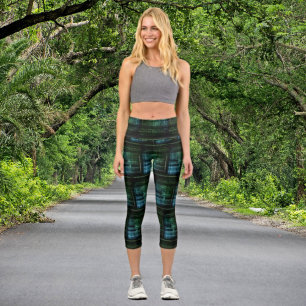 Leggings Capri Binary Dreamscape Black and Green Futuristic Style