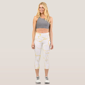 Leggings Capri Blanc avec motif en marbre doré