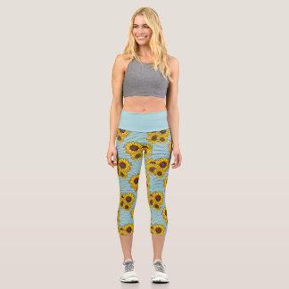 Leggings Capri Bleu Avec Aquarelle Jaune Lumineuse Fleurs de sole