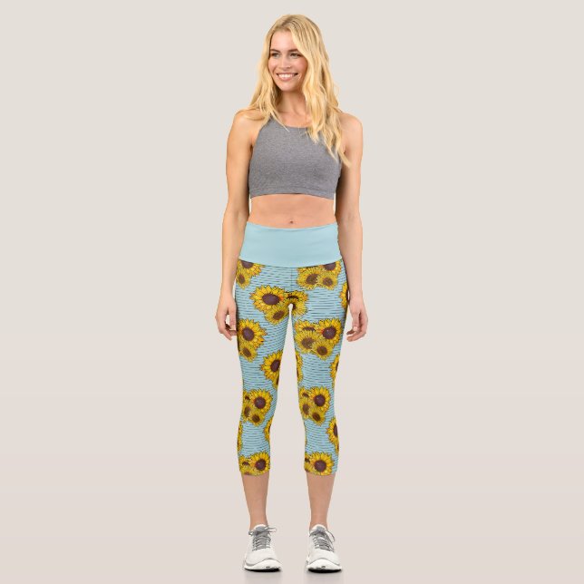 Leggings Capri Bleu Avec Aquarelle Jaune Lumineuse Fleurs de sole (Recto)