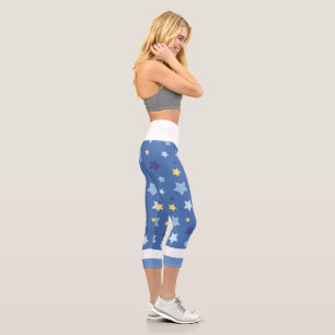 Leggings Capri Bleu avec étoile jaune assortie Capris haut taille