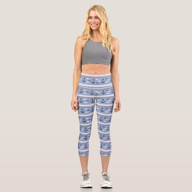 Leggings Capri Bleu et blanc Ancres nautiques Yoga haute taille (Recto)