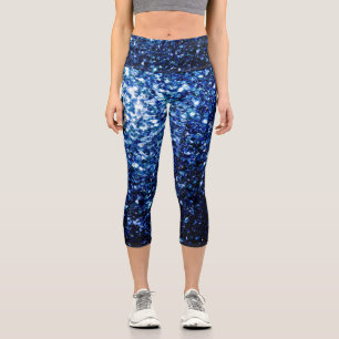 Leggings Capri Bleu foncé profond brillant faux paillettes scinti