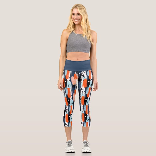 Leggings Capri Bleu orange brosses Motif Abstrait