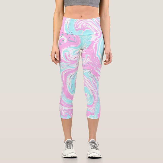 Leggings Capri Bleu rose et Turquoise Coton Bonbons Couleurs Marb (Recto)
