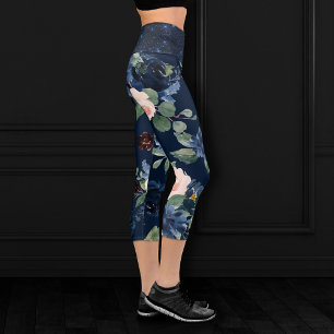 Leggings Capri Blooms Chics   Dark Navy Blue and Blush Shimmer