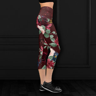 Leggings Capri Boho Bloom Dark Elegant Red et Blush Shimmer