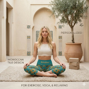 Leggings Capri Boho Blue and Gold Moroccan Tiles