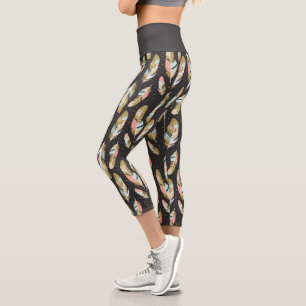 Leggings Capri Boho Style Plumes Motif