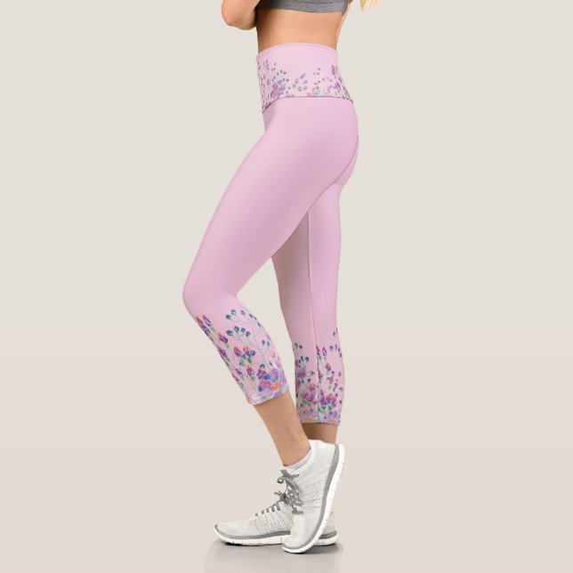 Leggings Capri Bordure de fleurs d'aquarelle rose (Gauche)