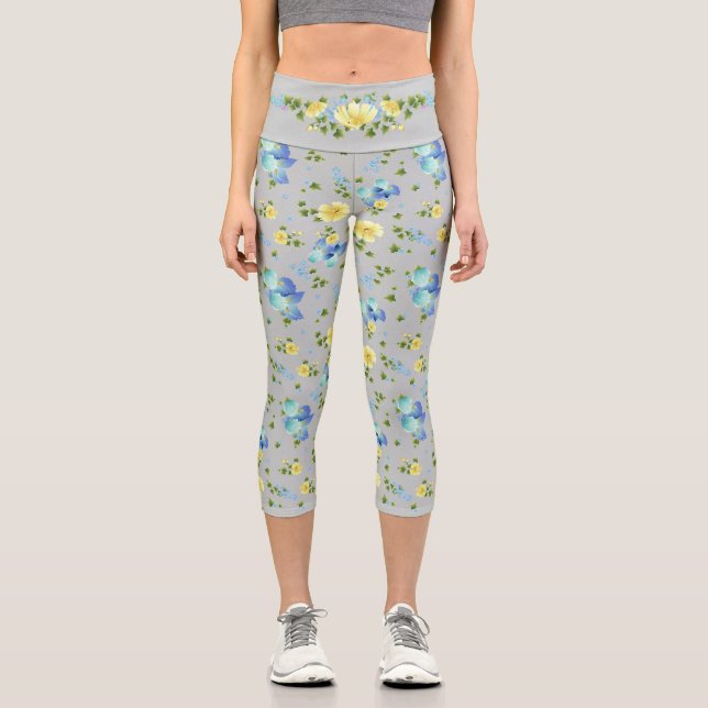 Leggings Capri Boutons jaunes et Iris bleu (Recto)