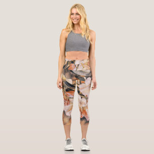 Leggings Capri Branche avec fleur d'azalée de printemps orange