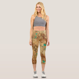 Leggings Capri Brown Grunge Quilt Stars Coeurs