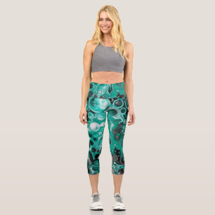 Leggings Capri Bulles turquoises et noires Cellules d'art fluides
