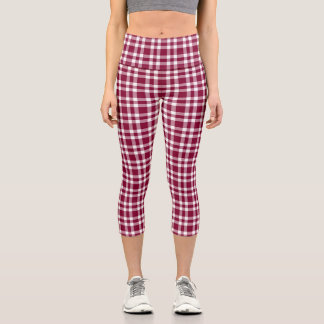 Leggings Capri Burgundy White Plaid Pattern