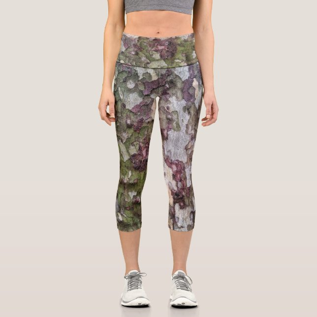 Leggings Capri camouflage gris vert écorce en bois camo (Recto)