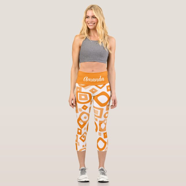 Leggings Capri Capris à haute taille de géométrie blanche orange (Recto)