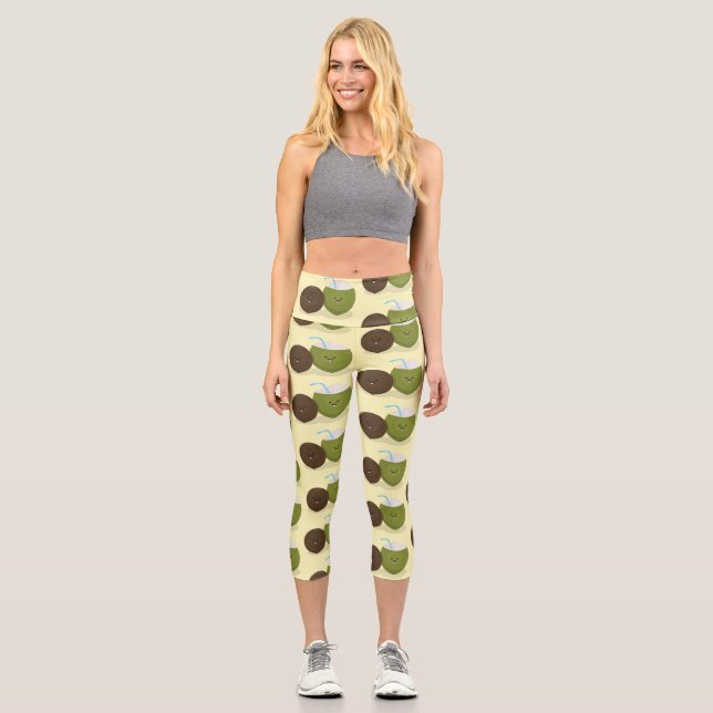 Leggings Capri Caricature de noix de coco kawaii joyeux (Recto)