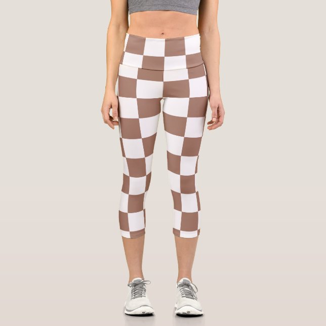 Leggings Capri Carrés Checker mocha brun blanc géométrique rétro (Recto)