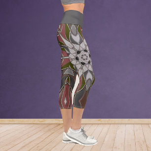 Leggings Capri Carton Mandala Flower blanc rouge et vert