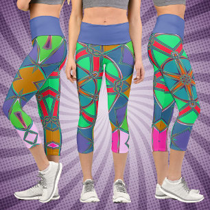 Leggings Capri Carton Mandala Vert Rouge et Bleu