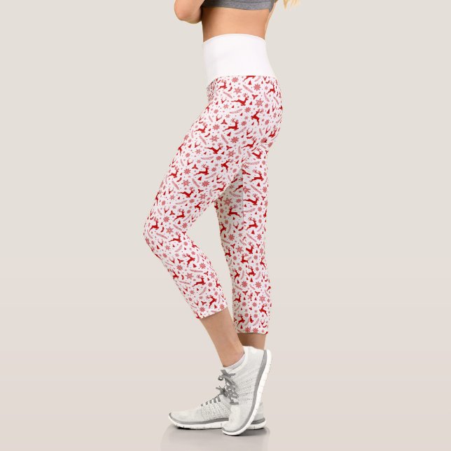 Leggings Capri Cerfs et Snowflakes Motif de Noël blanc et rouge (Gauche)