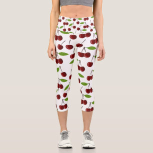 Leggings Capri Cerise Rouge, Motif De Cerises, Feuilles, Fruits