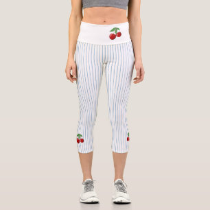 Leggings Capri Cerises rouges sur bandes bleues Personnalisées