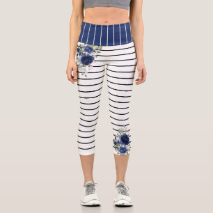 Leggings Capri Charme noir blanc rayures Marine bleu floral motif